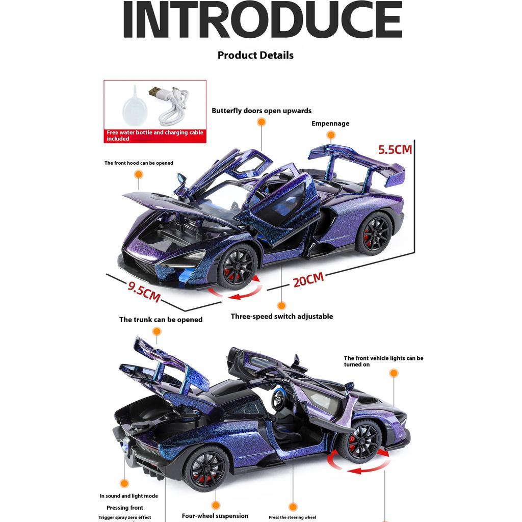 1/24 McLaren Senna Spray Sports Car Model Simulation Sound and Light Car Model Ornament Boy Gift Halloween Toys