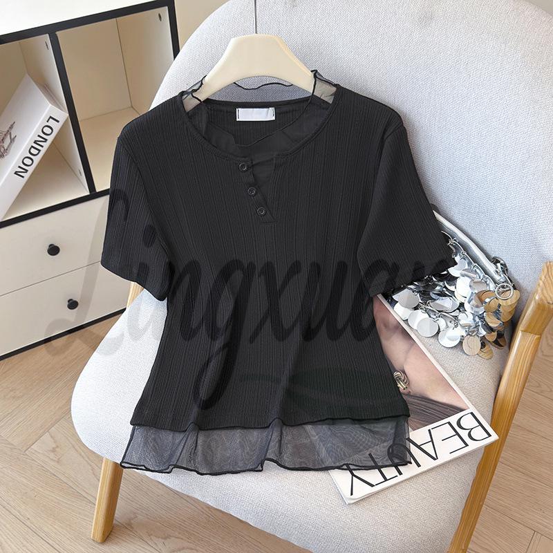 2026 Women s Summer Short-Sleeve Mesh Splicing Cotton T-Shirt - Trendy Niche Design Large чёрный
