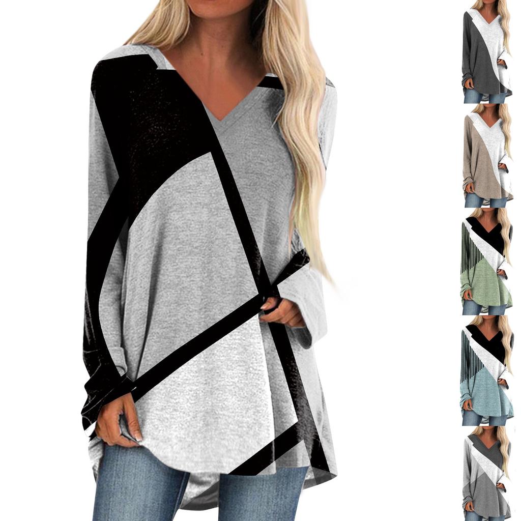Women's Long Sleeved V-neck Color Casual Long Loose T-shirt Top