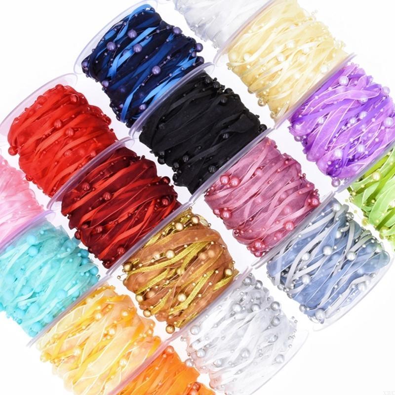 Multipurpose 10m Length White Organza Ribbon with Pearls Detail Accessory for Festival and Artistics Creation 10mm X3UC