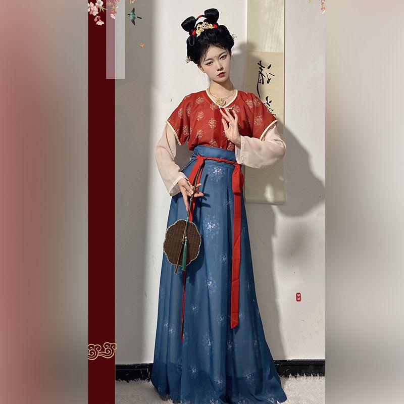 Sada dámských šatů ve stylu čínské dynastie Tang Tradiční Hanfu denní košile a dlouhá sukně s výstřihem