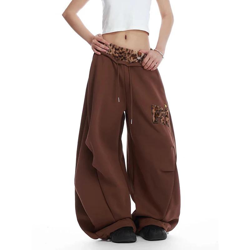 Damen Braun Jogginghose Baggy Leopard Patchwork Hose Harajuku Ästhetik Y2k Vintage Oversize Hose Herbst