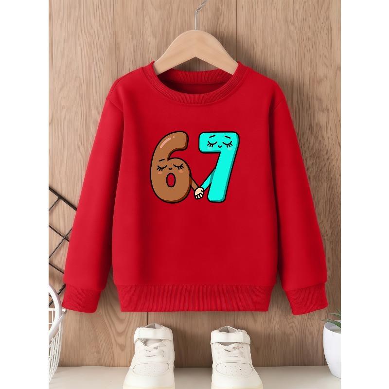 Kids Cartoon Smiley Number 67 Print Sweatshirt Unisex Boys Girls Cute Holding Hands Crewneck Long Sleeve Pullover Pink Soft Children Daily Sweat Top