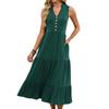 Women's Sleeveless V-Neck Button Maxi Dress Tiered Loose Casual Summer Long Dress