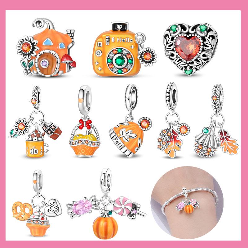 Copper Autumn Pumpkin Maple Leaf Halloween Candy Beads Pendant Ideal For Authentic Bracelet Woman Girl Jewelry