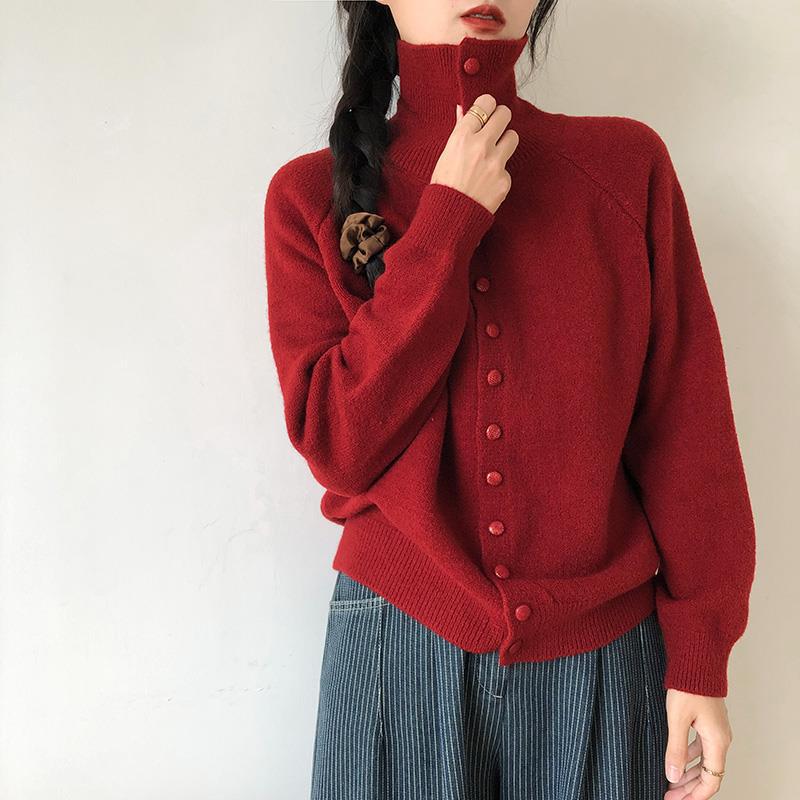 Cárdigan de Punto de Cuello Alto para Mujer Otoño Color Sólido de un Solo Botón Prendas de Abrigo Mujer Coreano Suave Tejido de Cachemir