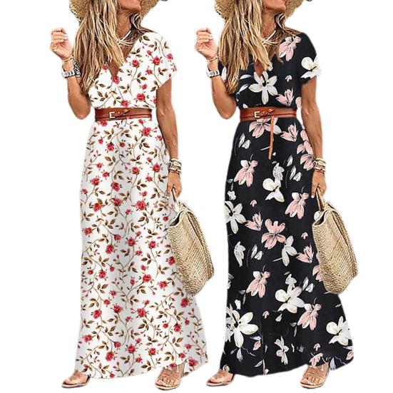 Damen Kleid Blumendruck Gürtel Frühling Sommer Bohemina A-Linie Maxi Kleid Strandbekleidung