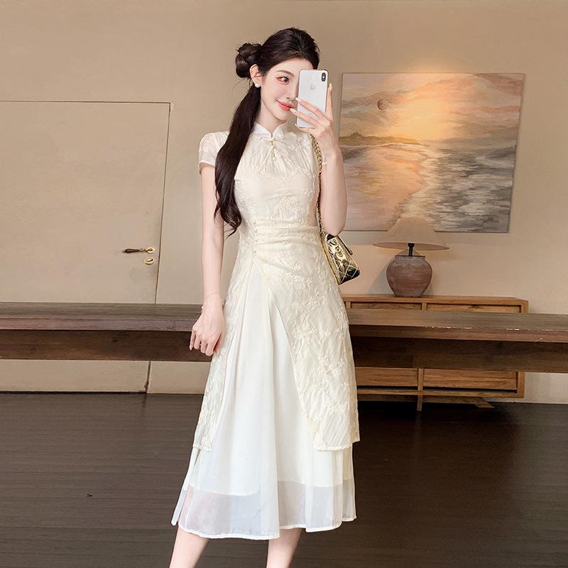 High-quality summer new new Chinese style modified qipao dress for women, elegant waist-cinching slimming patchwork dress