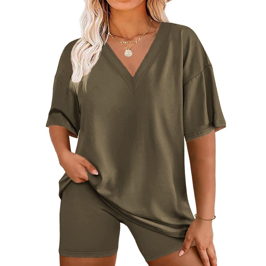 Women's Loose Fashion Solid Color Split V-Neck Short Sleeve Top Shorts Two Piece Set