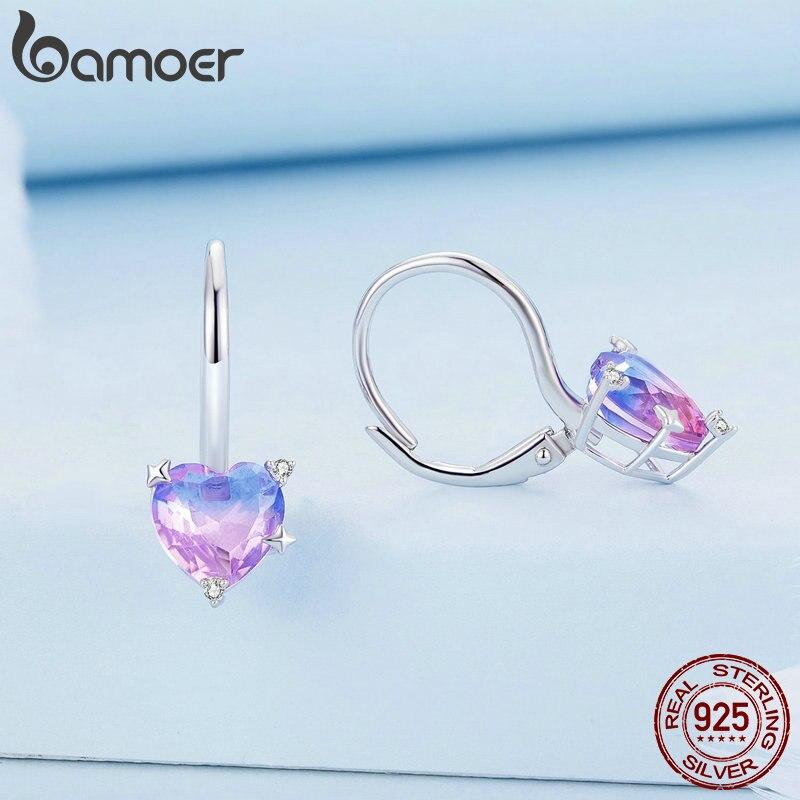 BAMOER 925 Sterling Silver Blue and Purple Gradual Changing Glass Heart Hoop Earrings for Women Sweet Romantic Jewelry