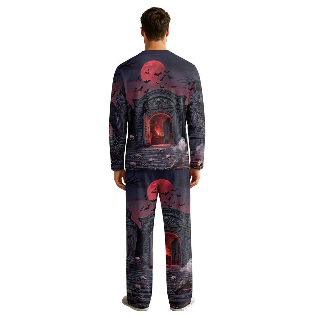 Men's Halloween Pajama Set Long Sleeve with Buttoned Crotch and Elastic Drawstring Waist Sleepwear