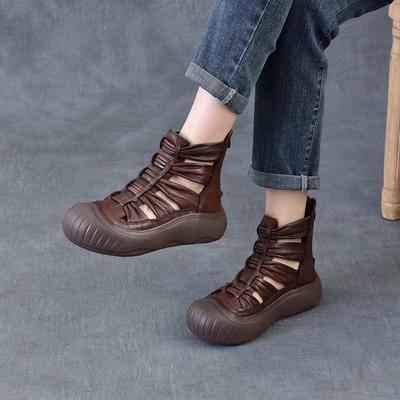 Hollow-out Breathable Summer Short Boots Genuine Leather Sandals Retro Women's Flat Platform Shoes