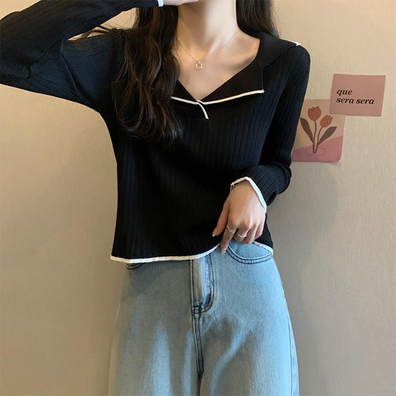 Polo Collar Knit Base Layer Women Spring Autumn Long Sleeve French Style Sweater Top