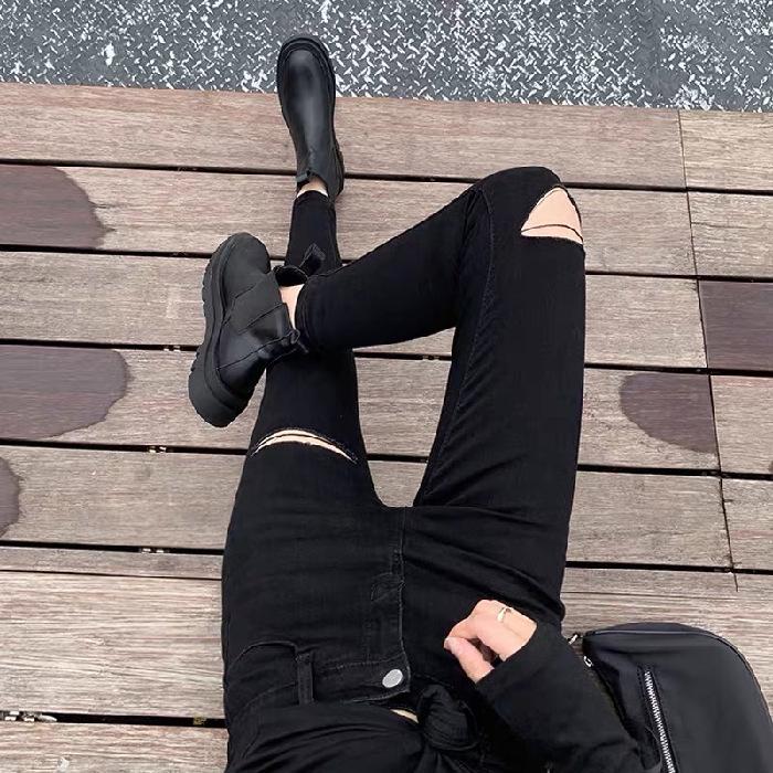 Women s Black Ripped Denim Set: High-Waisted, Slimming 3/4 Length Pencil Pants 25