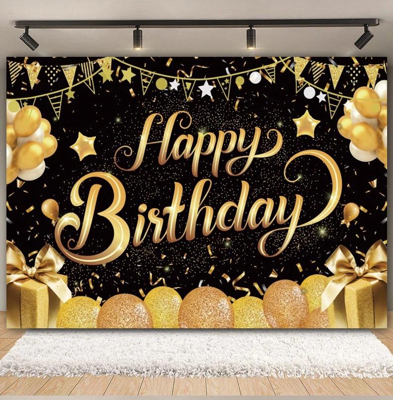 Black Gold Happy Birthday Backdrop Glitters Balloon 18th 30th 40th Adult Anniversary Birthday Party Photography Background Decor5