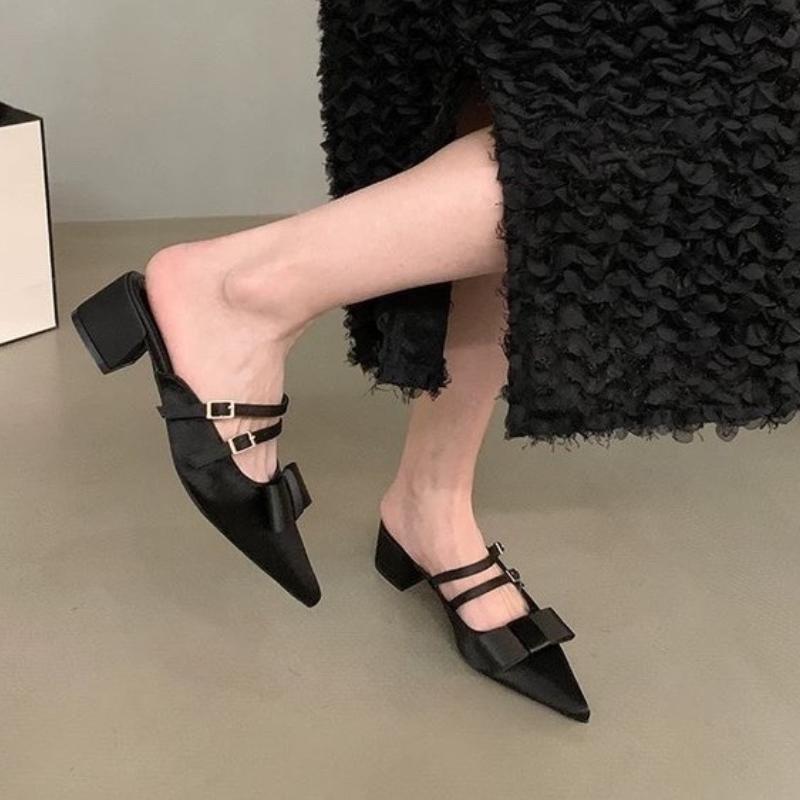 Summer Pointed Toe Women Muels Slippers Fashion Butterfly-knot Thick Heels Party Dress Shoes Buty Designer Sandals for Women