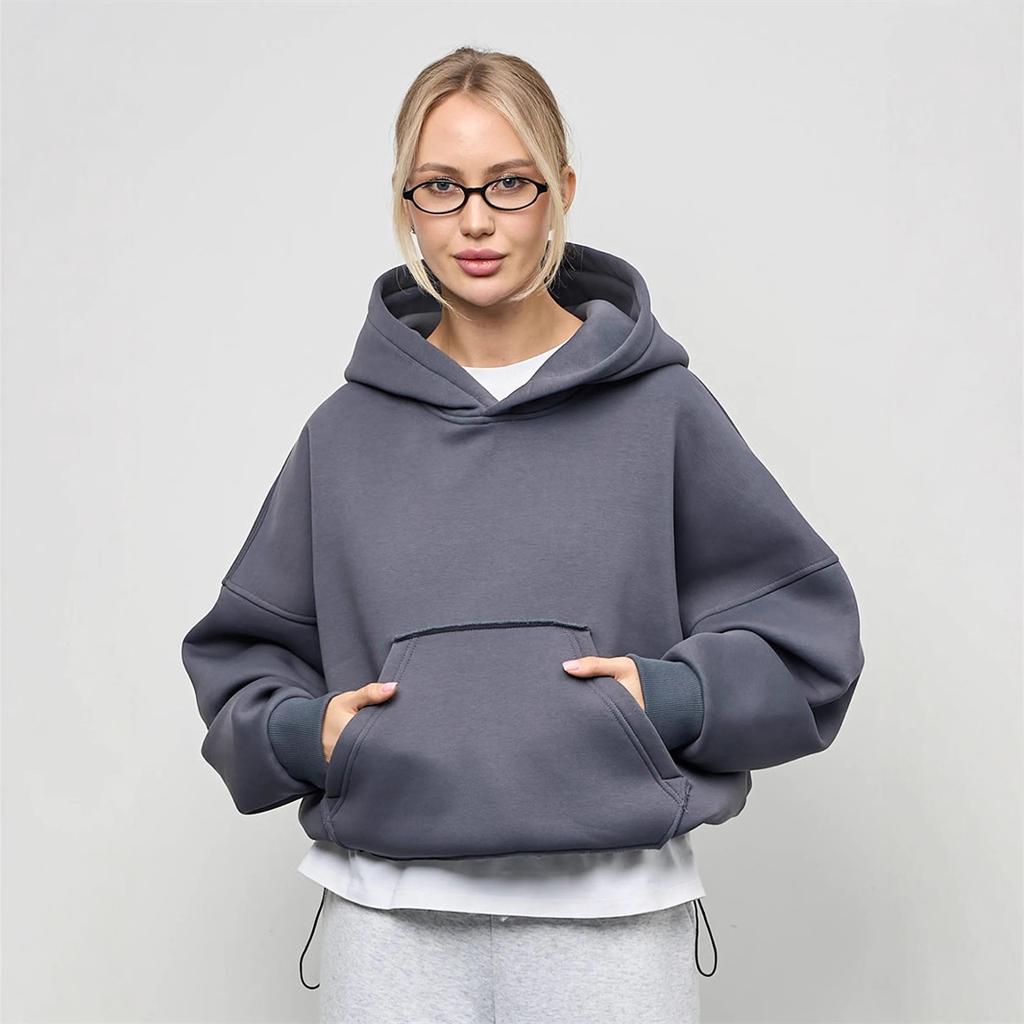Women's Casual Solid Color Hooded Sweatshirt, European Style, Fitted Waist, Long Sleeves, Short Length, Pullover Style.