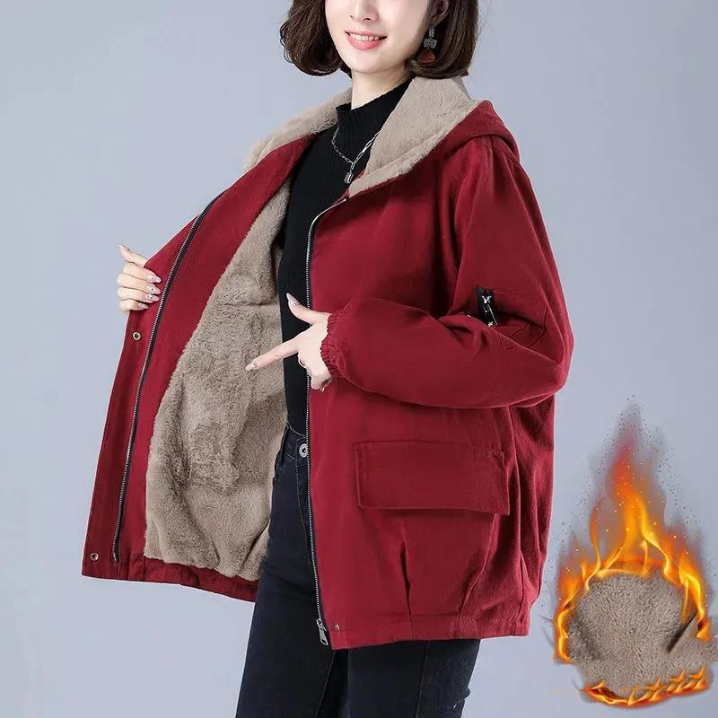 Women's Fleece-Lined Thickened Hooded Parka Jacket Solid Color Minimalist Causal Coat