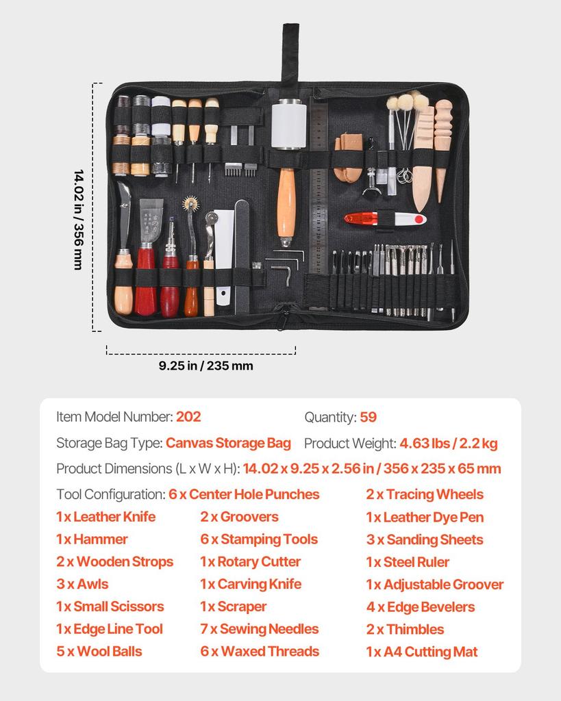 VEVOR Leather Working Tools Kit, 59 PCS Leather Craft Tools with Portable Canvas Storage Bag, Engraving Punching Sewing Stamping Sanding Tools