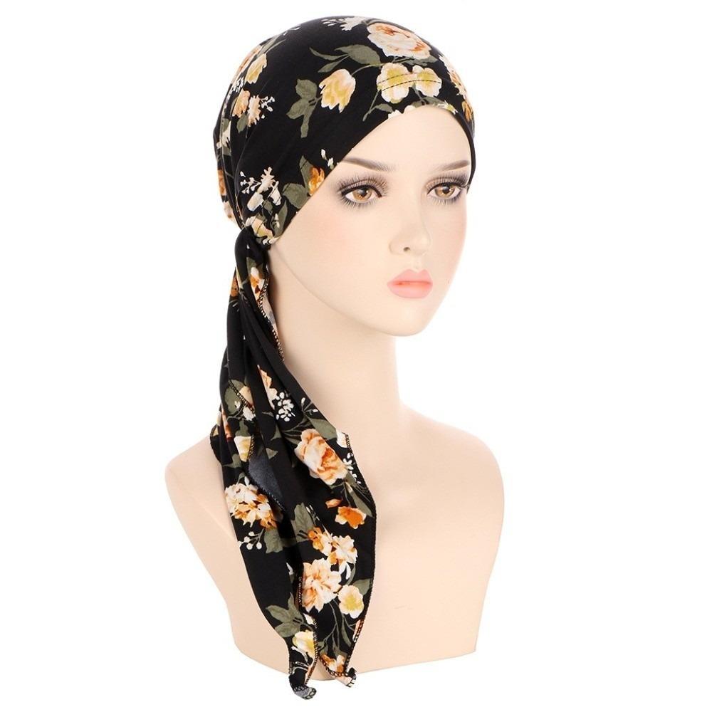 Hair Loss Cover Turban Hijab Elastic Stretch Flower Print Head Scarf Soft Chemo Hat Cap for Women