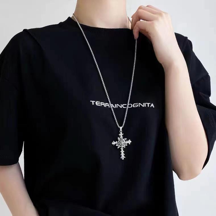 European-American Rose Cross Long Necklace, Men's Hip-Hop Fashion Pendant, All-Match Sweater Chain