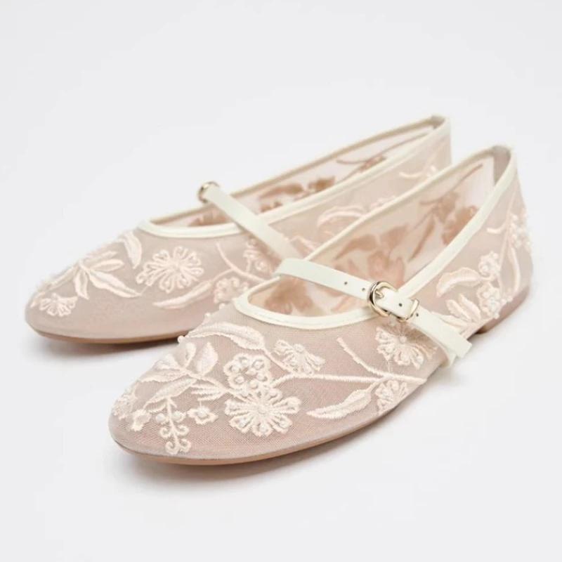 

Модные балетки из сетки с вышивкой и бисером для женщин, легкие удобные туфли Мэри Джейн, элегантные сандалии на плоской подошве с пряжкой, дизайнерская обувь 41