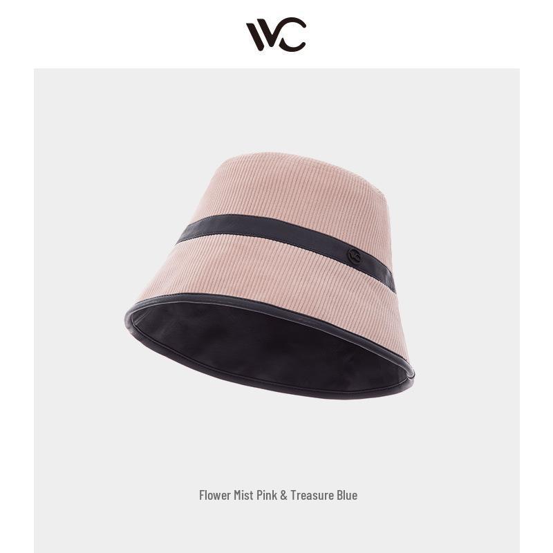 VVC Double-Sided European Style Women's Bucket Hat - Autumn/Winter Knit with PU Leather & Corduroy