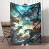 Warm Throw Blanket Dragon Battle Multiple Dragons Blue Gold Green Black Fighting Misty Arena Fire Wings Epic Fantasy Art Gift