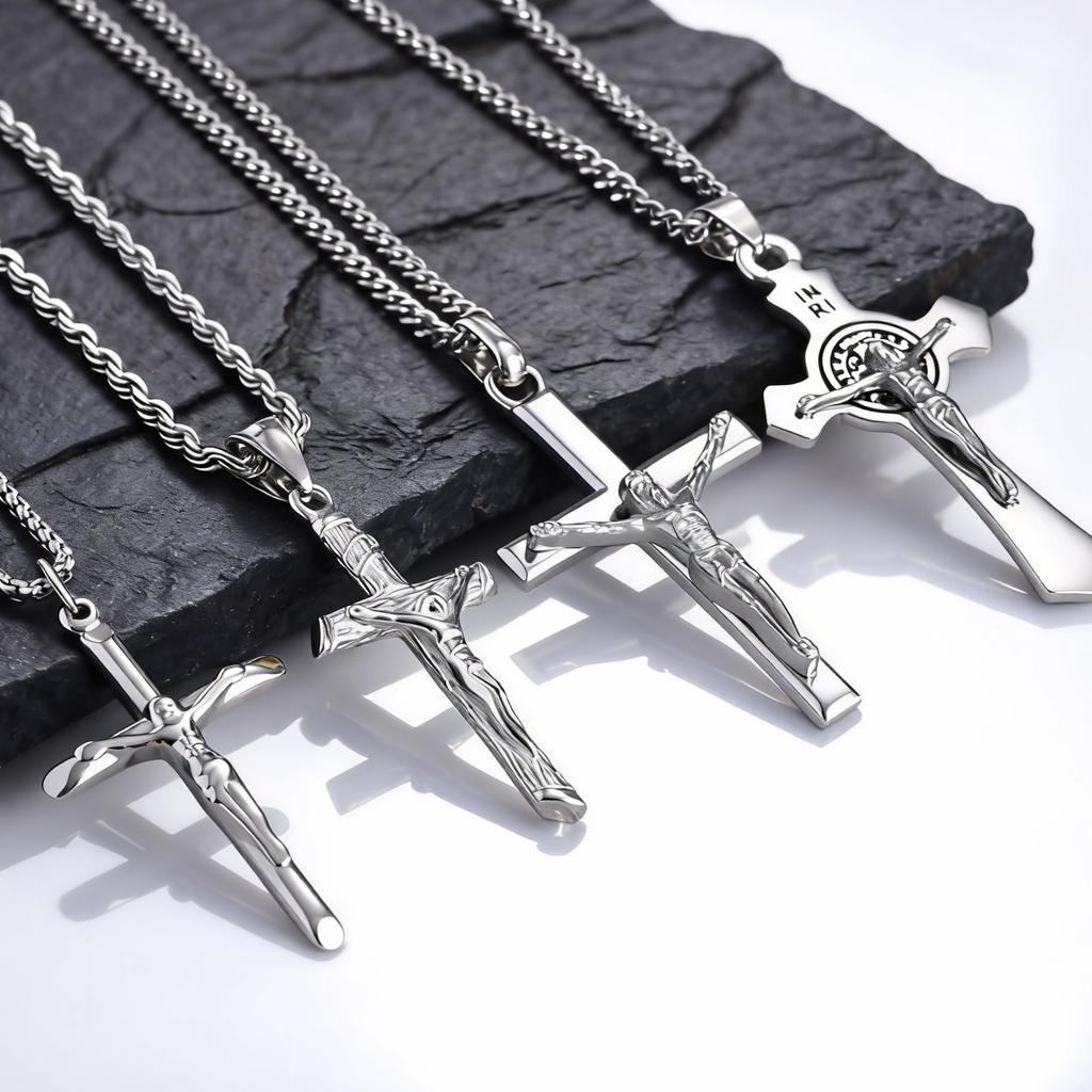 Stainless Steel Catholic Cross Necklace for Men,St. Benedict's Catholic Crucifix Pendant Necklace,Religion Gothic Jewelry Gift