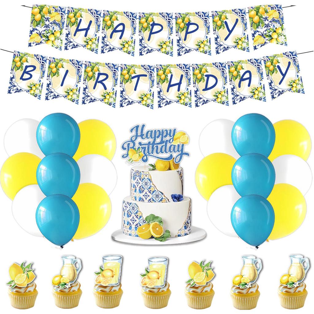 Lemon-Themed Wedding & Birthday Party Tableware Set with Banner, Cutlery, and Napkins.
