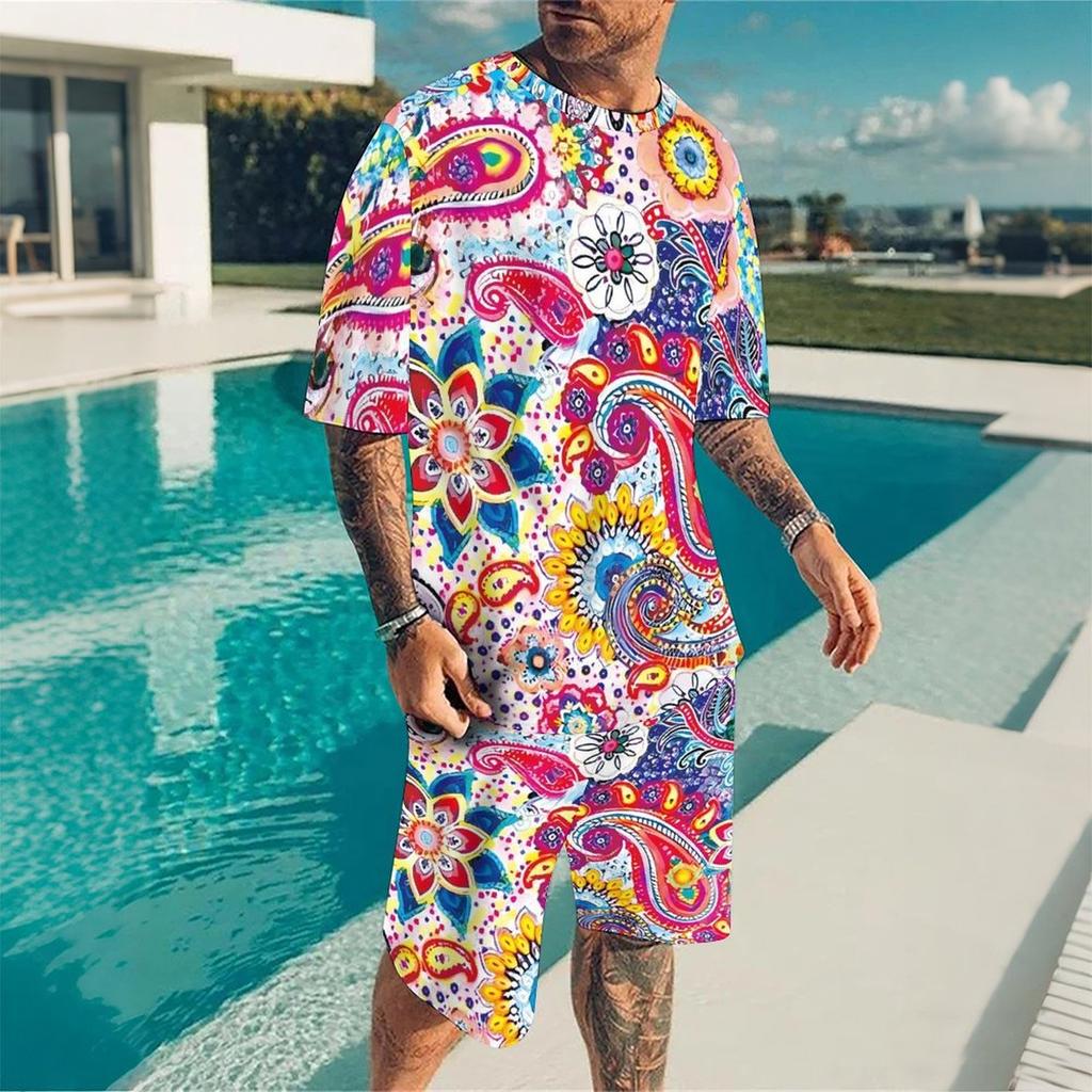Men Full Black White Paisley Bandana Print Short Sleeve Tee And Matching Shorts Two Piece Outfit
