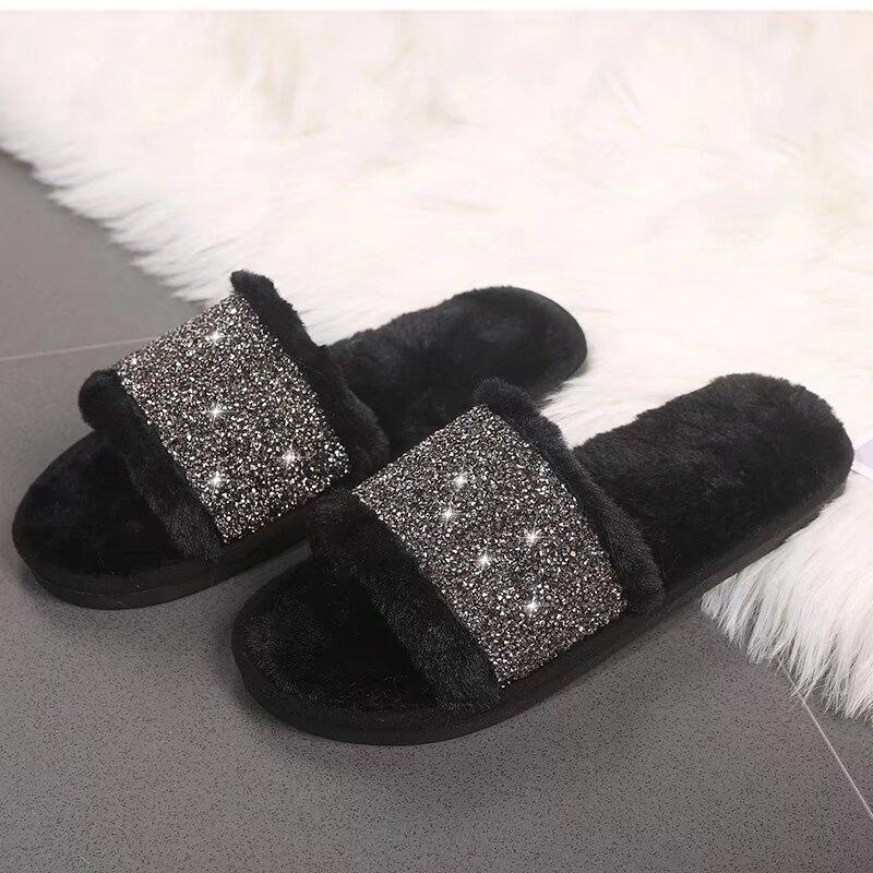 Fashion Fashion Bling Cotton Slippers for Women Open Toe Slip On Fur Slippers Woman Autumn Winter Faux Fur Indoor Flats Fur Slides Mujer