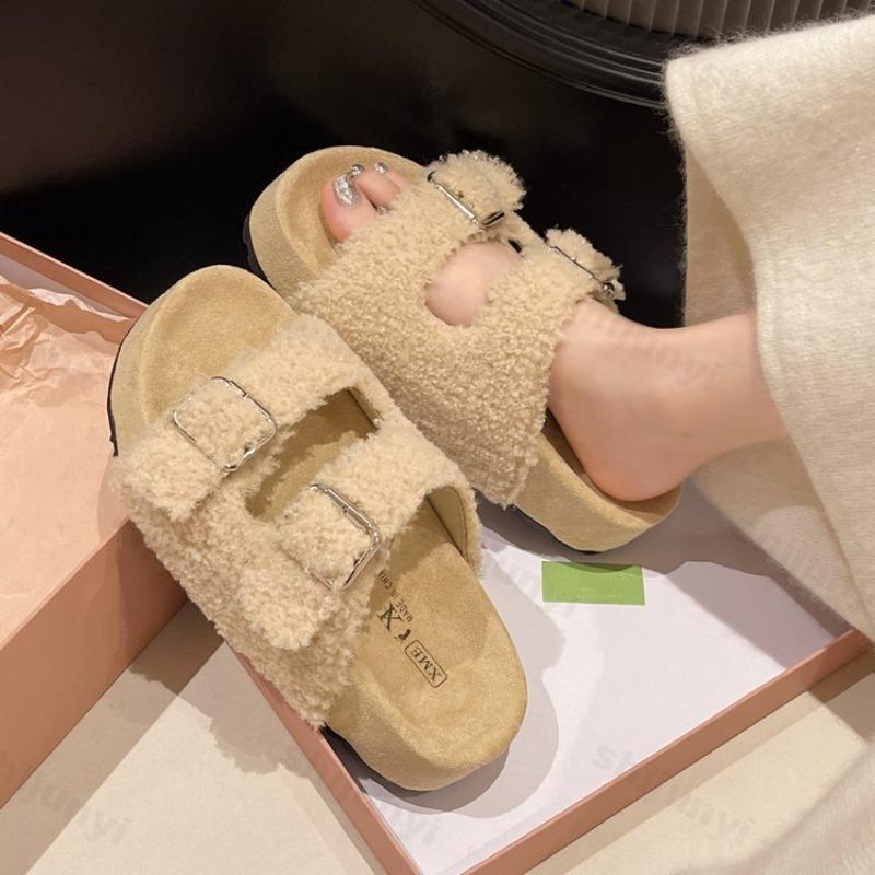Fashion Fashion Casual Open Toes Casual Plush Slippers for Women 2025 Autumn New Thick Soled Comfortable Buckles Designed Chunky Sandals