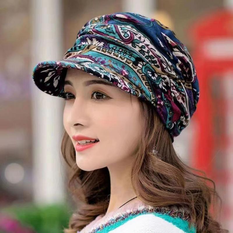 Women Autumn Winter Hat Print Cap Warm Beanie Bonnet Hat Ethnic Style Hat LM
