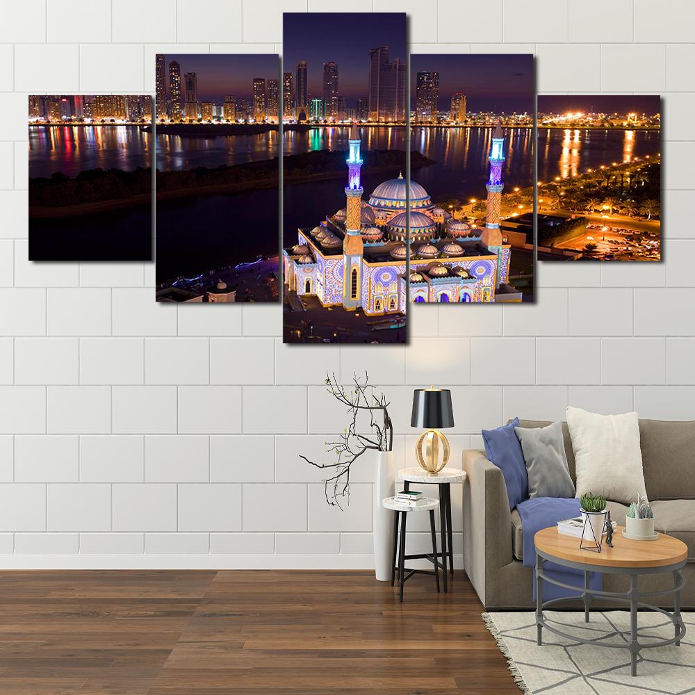 

HD 5 panel printing night Sharjah landscape canvas painting modern template for living room study decoration 20x35 20x45 20x55cm