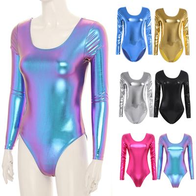 Women Adult Shiny Patent Leather Long Sleeves One-piece Leotard Bodycon Bodysuit Dancewear