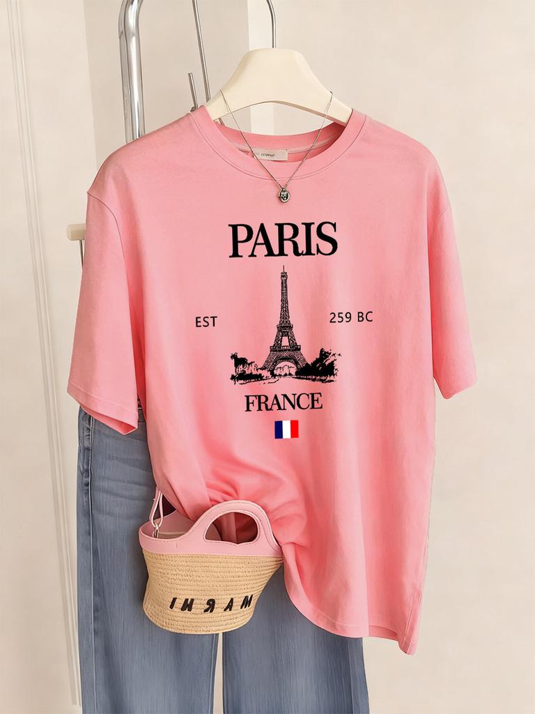Paris Frankreich Eiffelturm Drucke T-Shirts Damen Sommer Basic Kurzarm Oberteile Rundhals Lockere T-Shirts Basics Weiche Damenkleidung