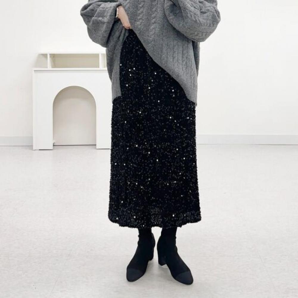 Mizqz H Line Velvet Sequin Slit Banding Long Skirt