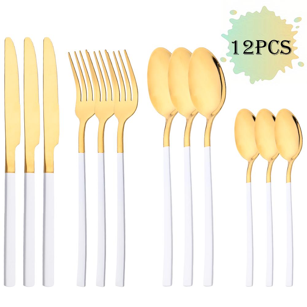 12Pcs Western Gold Dinnerware Stainless Steel Cutlery Set Knife Fork Tea Spoon Dinner Flatware Set Kitchen Silverware Tableware