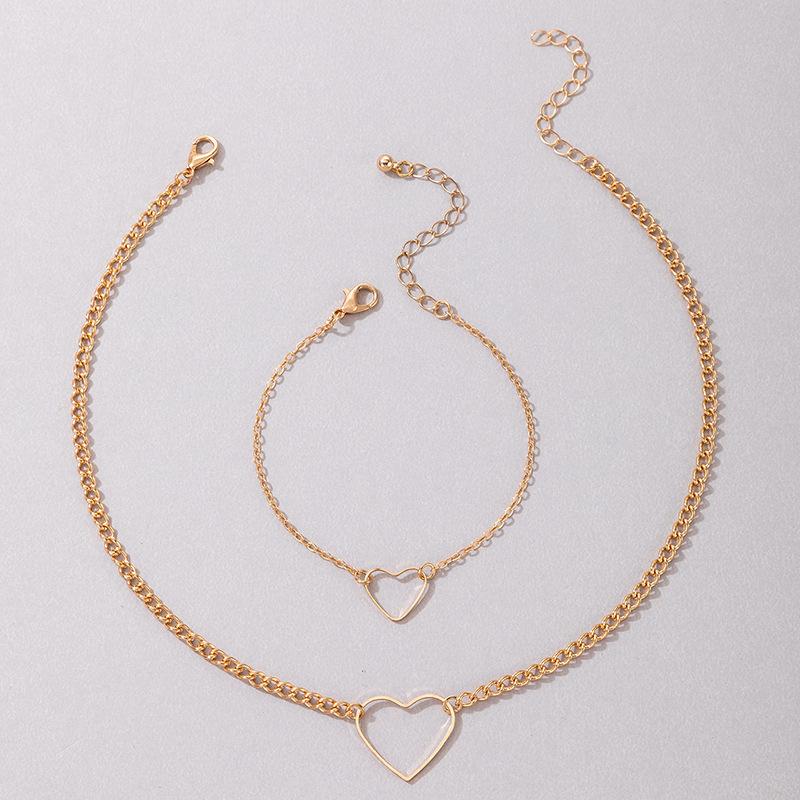 European and American simple jewelry, love hollow bracelet necklace set, geometric peach heart hollow jewelry set