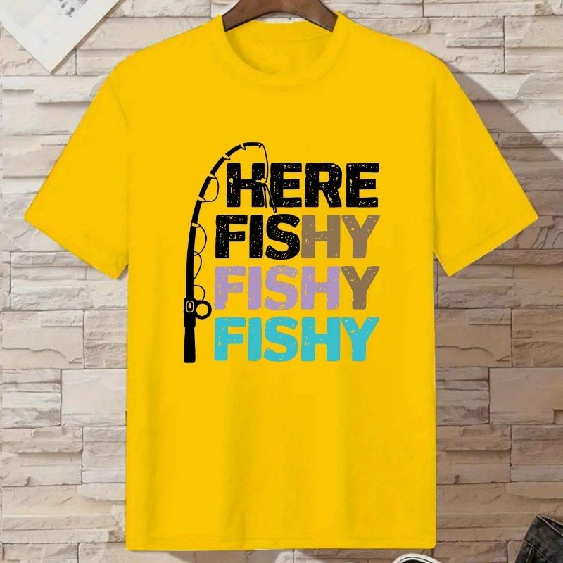 Kids Summer Crew Neck Short Sleeve T-Shirt with Fishing Rod & HERE FISHY Letter Print