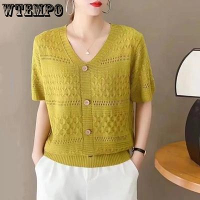 V-neck Ice Silk T-shirt Short Sleeve Women's Summer Loose Large Size Hollow Knitted T-shirt  Thin Top