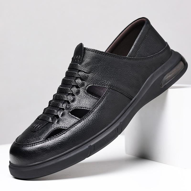 

Summer new hollow breathable men s shoes men s casual leather men s sandals leather shoes men s single shoes 38 чорний