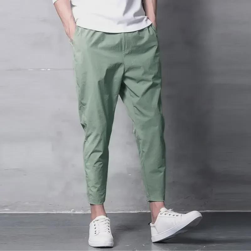 Men's Summer Ice Silk Elastic Slim-Fit Nine-Point Casual Pants - Korean Style Trendy Sportswear