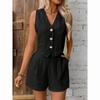 European-American Linen Tank Top & Shorts Commute Set – V-Neck Spring/Summer Women's Casual Wear