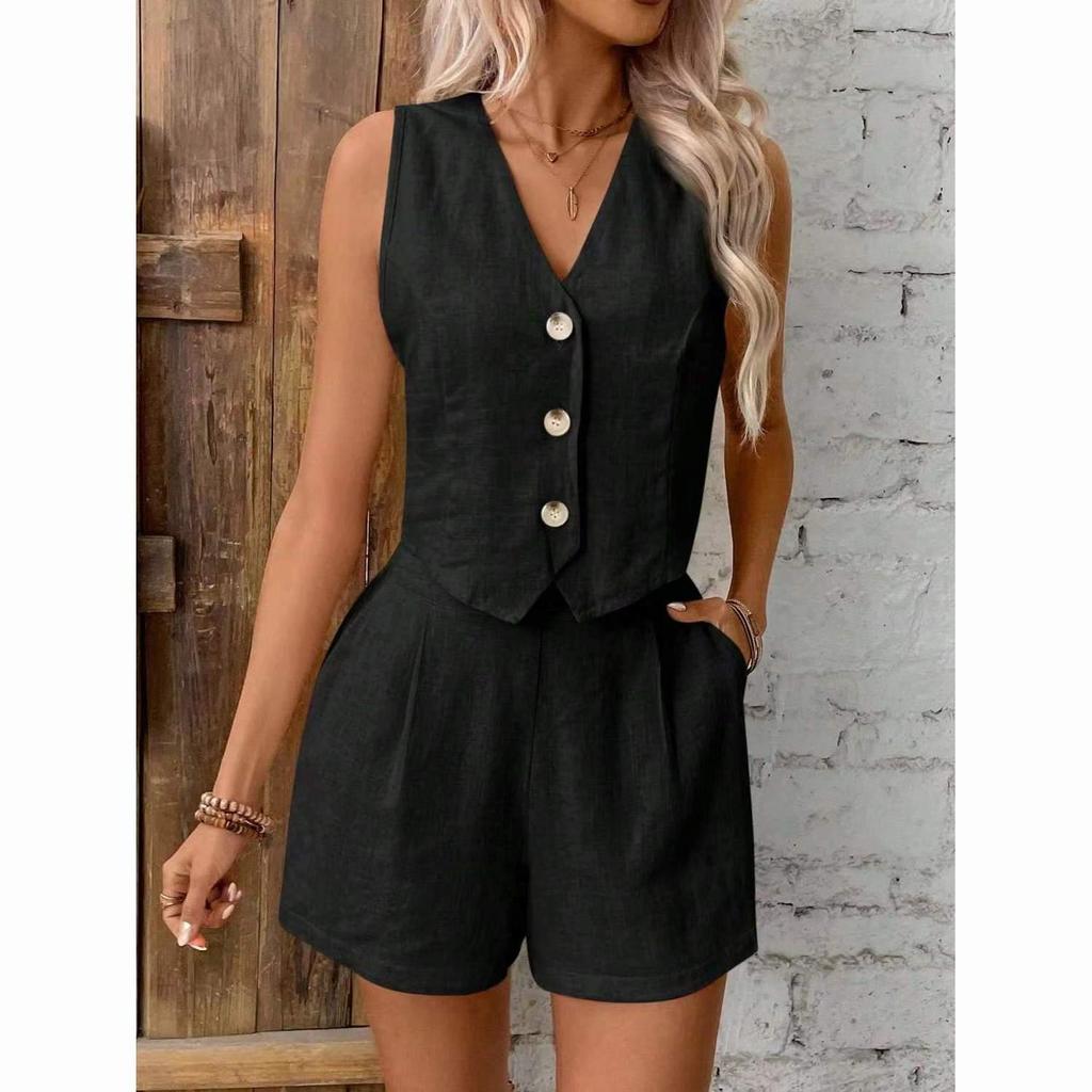 European-American Linen Tank Top & Shorts Commute Set – V-Neck Spring/Summer Women's Casual Wear