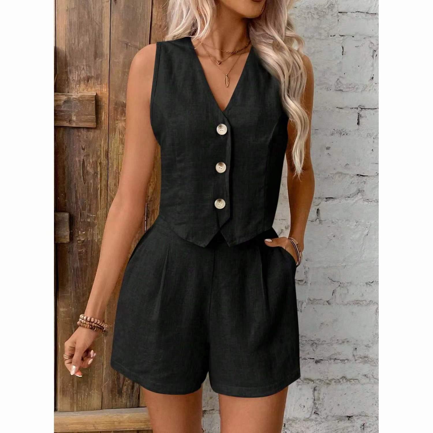 

Европейско-американский льняной комплект майка и шорты для поездок – V-образный вырез, весенне-летняя женская повседневная одежда Large