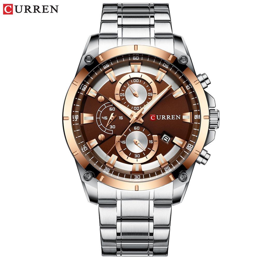 

CURREN Men s Watch Analog Chronograph Waterproof Luminous Date Fashionable Design Stainless Steel Quartz Wrist Watch for Business серебряный/кофейный