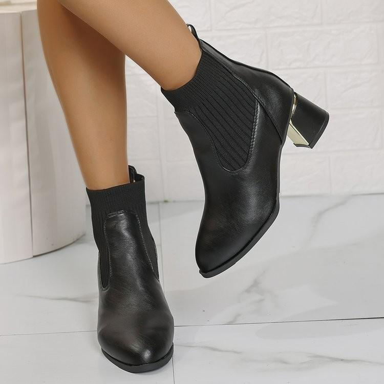 Female Ankle Boots Black Leather Footwear Short Shoes for Women Elegant with Medium Heels Sock Booties Spring Autumn Waterproof