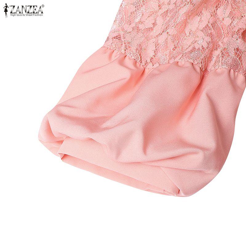 ZANZEA Women Casual Stand Collar Loose Long Sleeve Patchwork Lace Dress